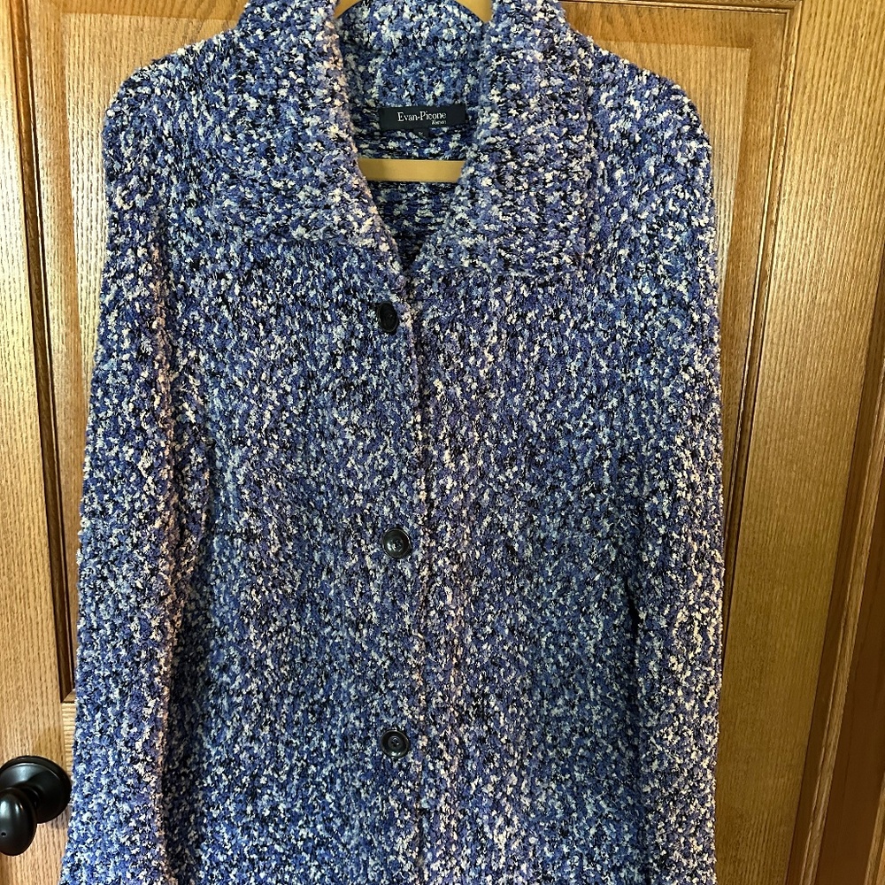 Evan-Picone Blue/White/Black Button Down Cardigan Sweater.  Size 1X.